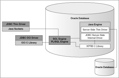 Architecture of Oracle JDBC drivers and Oracle Database.