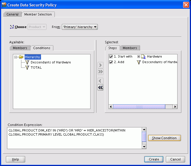 Create Data Security Policy dialog box