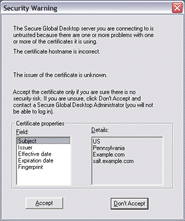 Screenshot of a certificate warning message when security services are not enabled.
