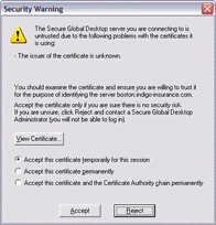 Screenshot of a certificate warning message when security services are enabled.