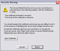 Screenshot of a certificate warning message when security services are not enabled.